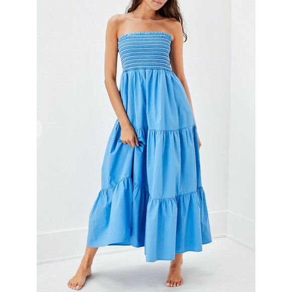 American Eagle Blue Smockin on Sunshine Strapless Midi Dress Size Medium - Picture 2 of 12